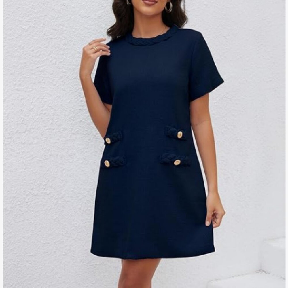 Top It Off Jackie Vintage Style Crew Neck Wool Blend Tweed Dress in Dark Blue